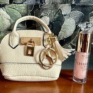 NEW 2-Pc Mini Keychain Handbag/Tassel & Keychain Coin Purse White & Lip Oil